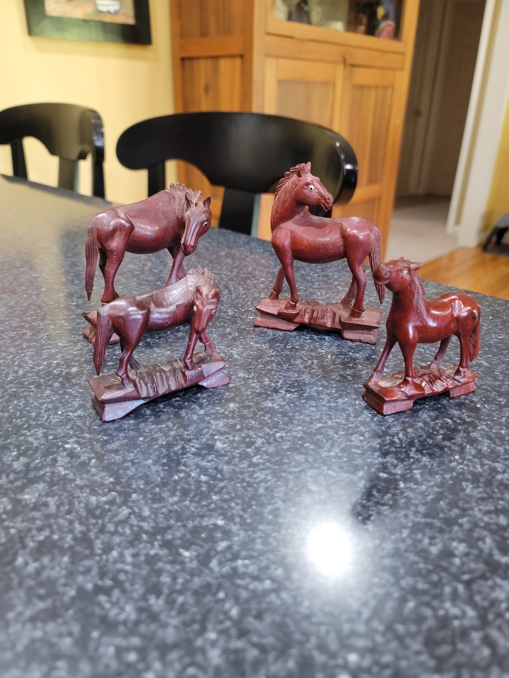 Antique Set 4 Boxwood Mu Wang Chinese Hand Carved Wooden Small Horses Glass Eyes